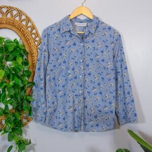 Blue Floral Cotton Button Up Blouse Cottage Classic Soft Vtg | Light Summer